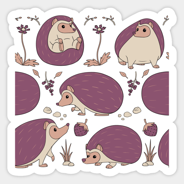 Hedgehogs Among the Flowers Pattern in Purple Sticker by PaperRain